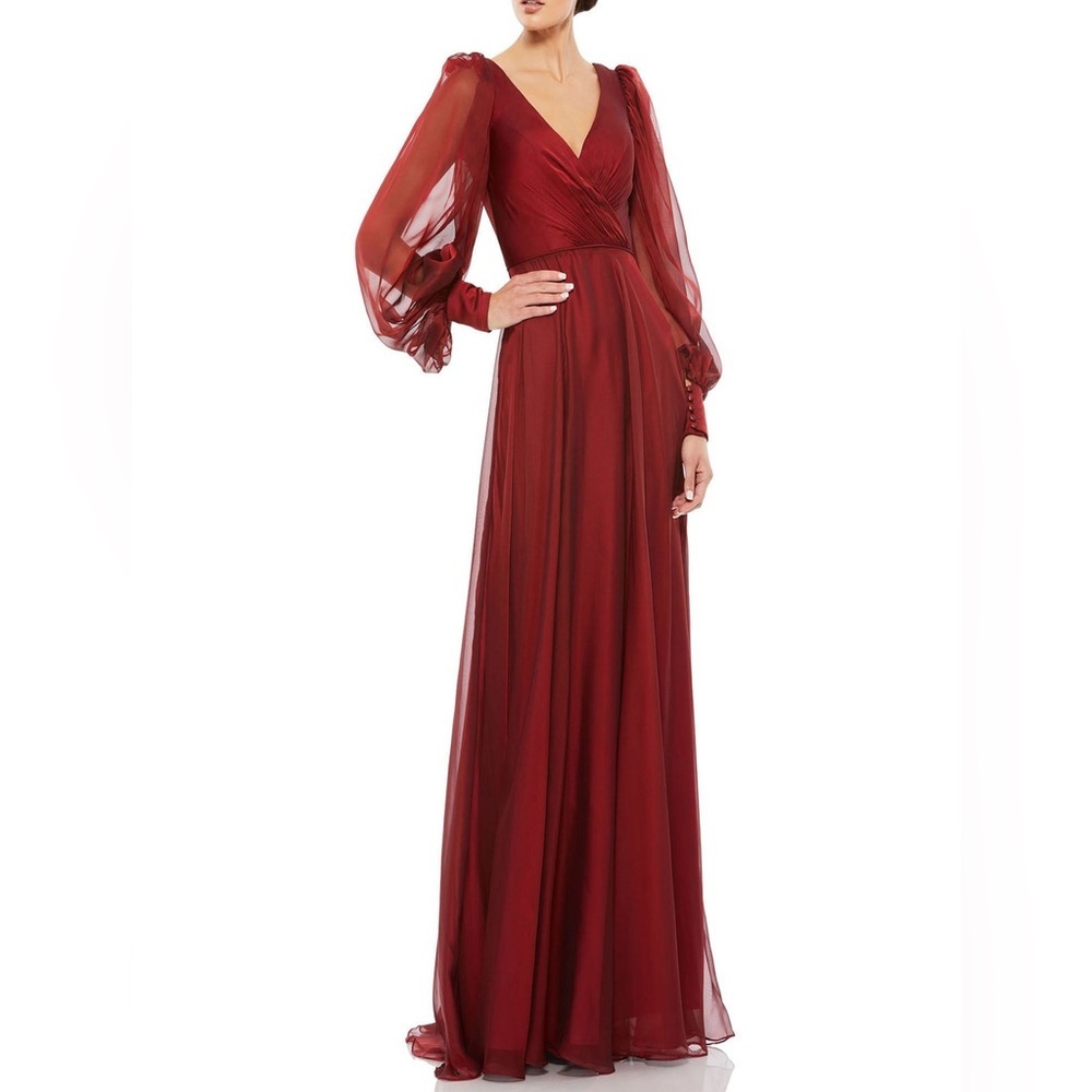 Mac Duggal Burgundy Long Sleeve V-Neck Chiffon Gown